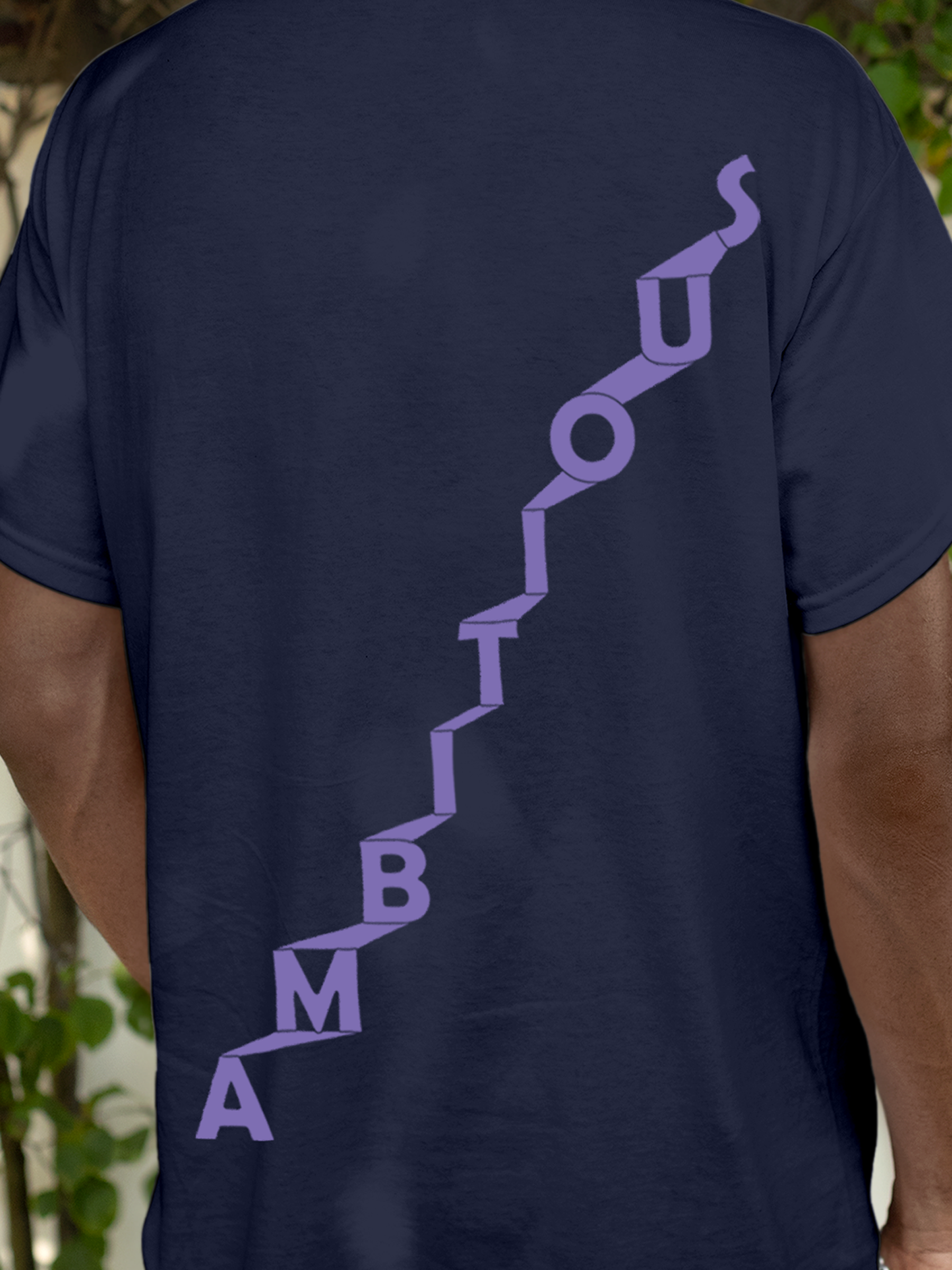Close up of 'Ambitious' design on Men's Navy Blue Round Neck T-shirt, highlighting intricate details and vibrant print.
