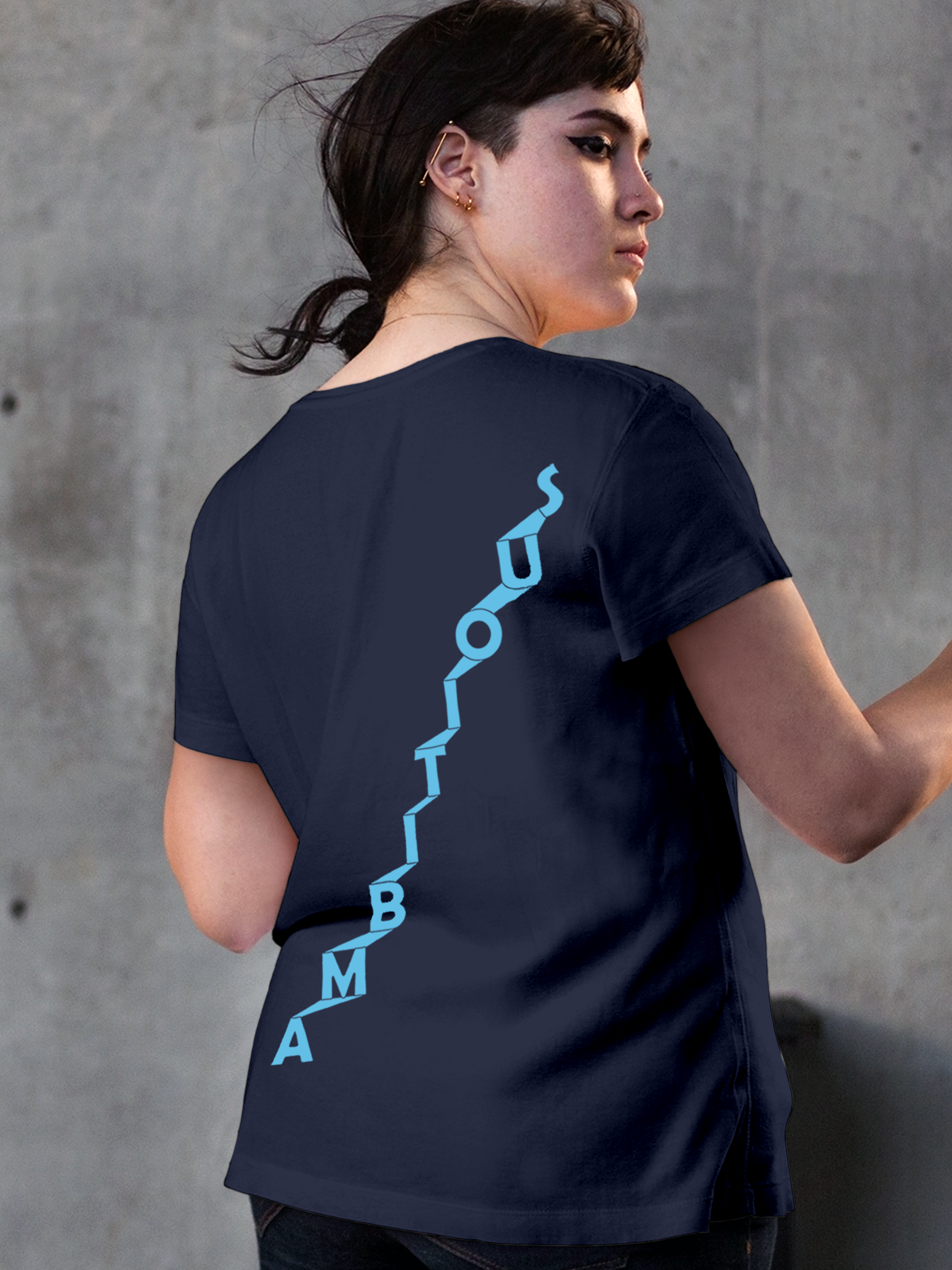 Model wearing Women's Navy Blue Round Neck T-shirt with 'Ambitious' design, offering effortless style and premium comfort