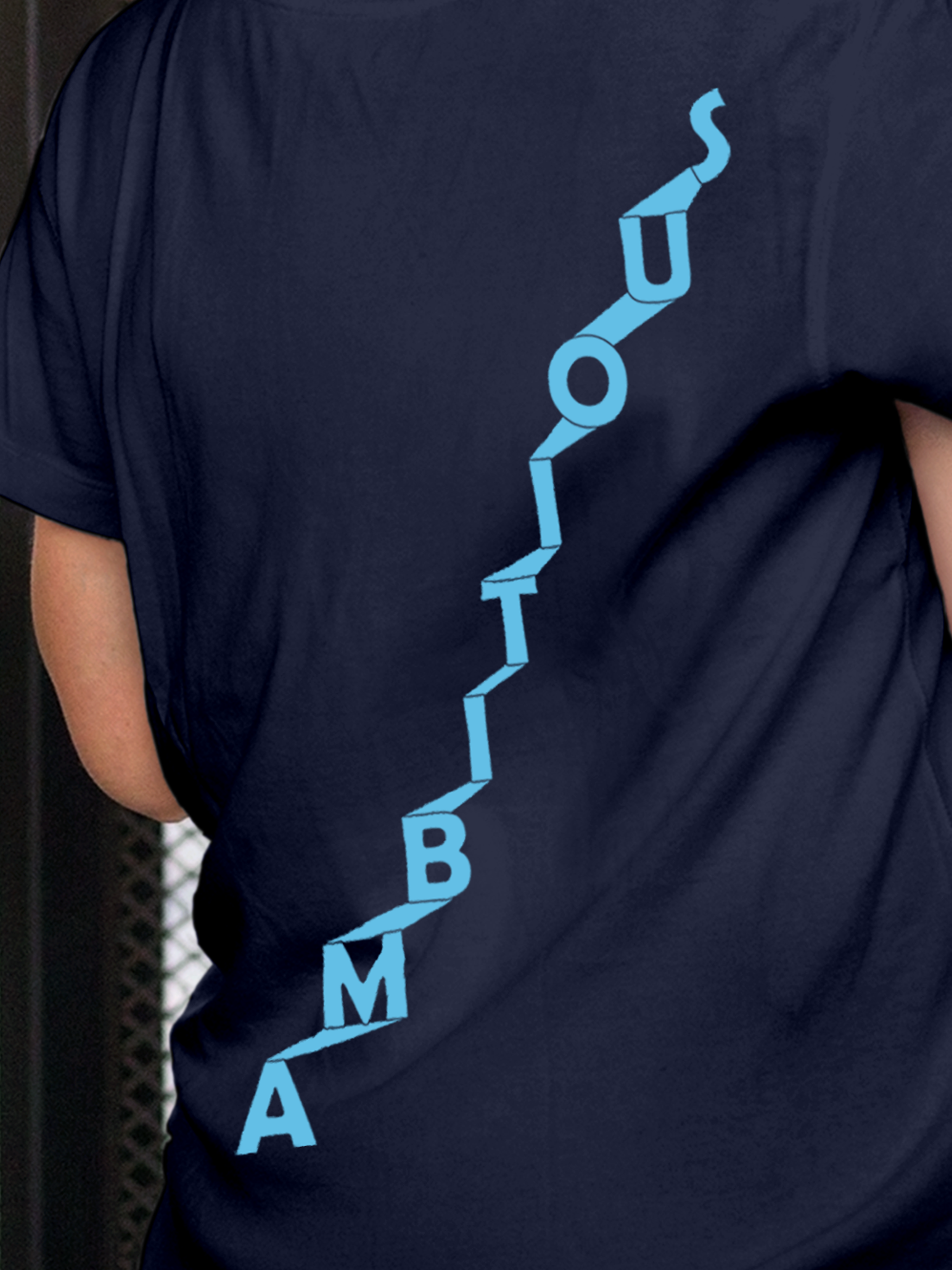 Close up of 'Ambitious' design on Women's Navy Blue Round Neck T-shirt, highlighting intricate details and vibrant print.
