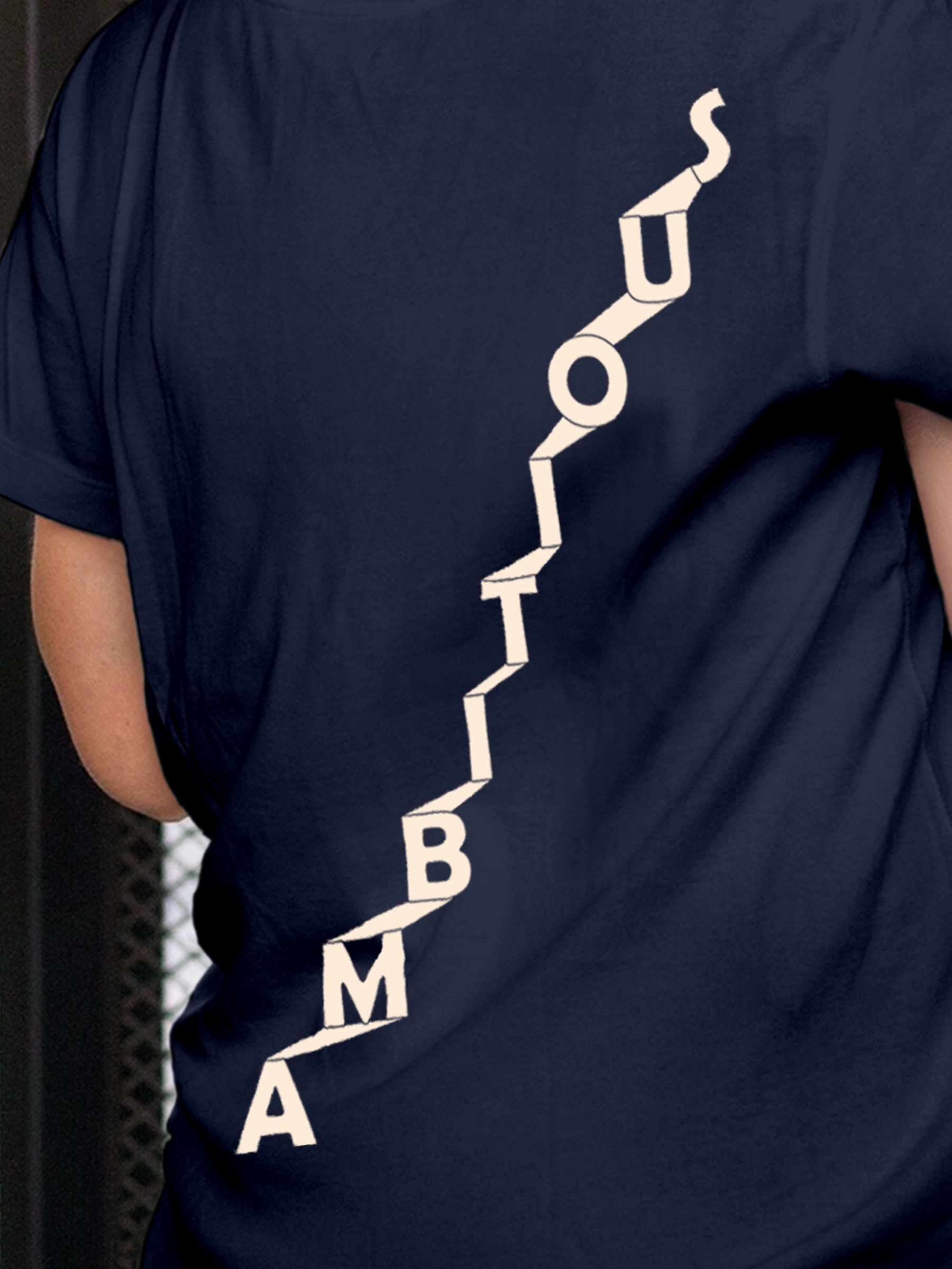Close up of 'Ambitious' design on Women's Navy Blue Round Neck T-shirt, highlighting intricate details and vibrant print.