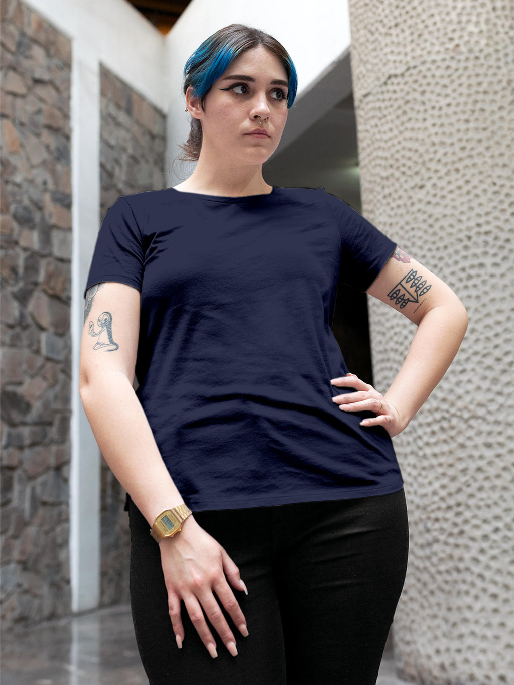 Front view of Fighterhero Women's Navy Blue Round Neck T-shirt, highlighting the modern look and clean finish