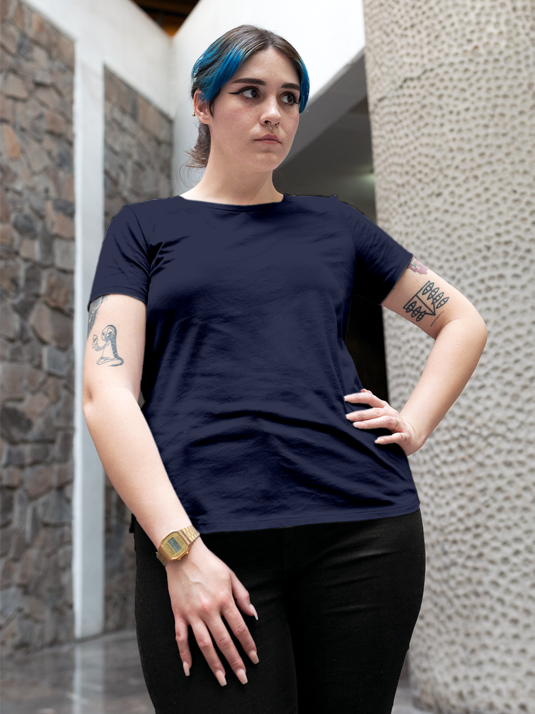 Front view of Fighterhero Women's Navy Blue Round Neck T-shirt, highlighting the modern look and clean finish