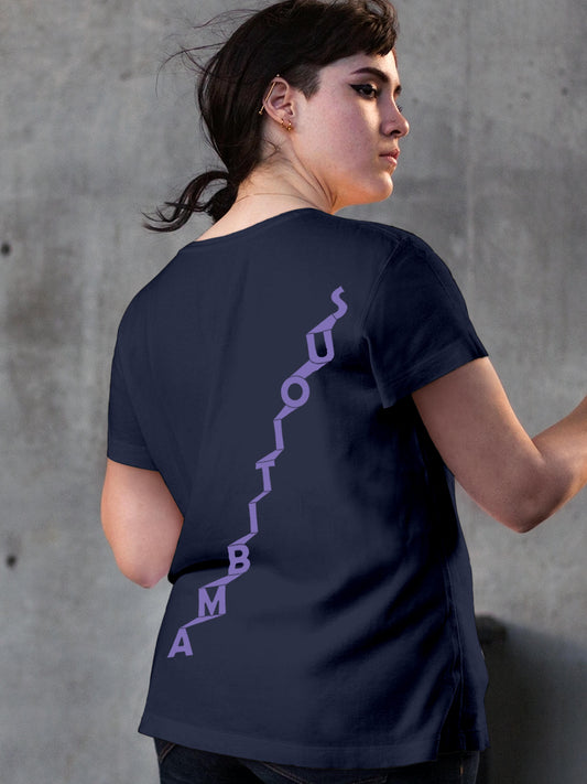 Model wearing Women's Navy Blue Round Neck T-shirt with 'Ambitious' design, offering effortless style and premium comfort