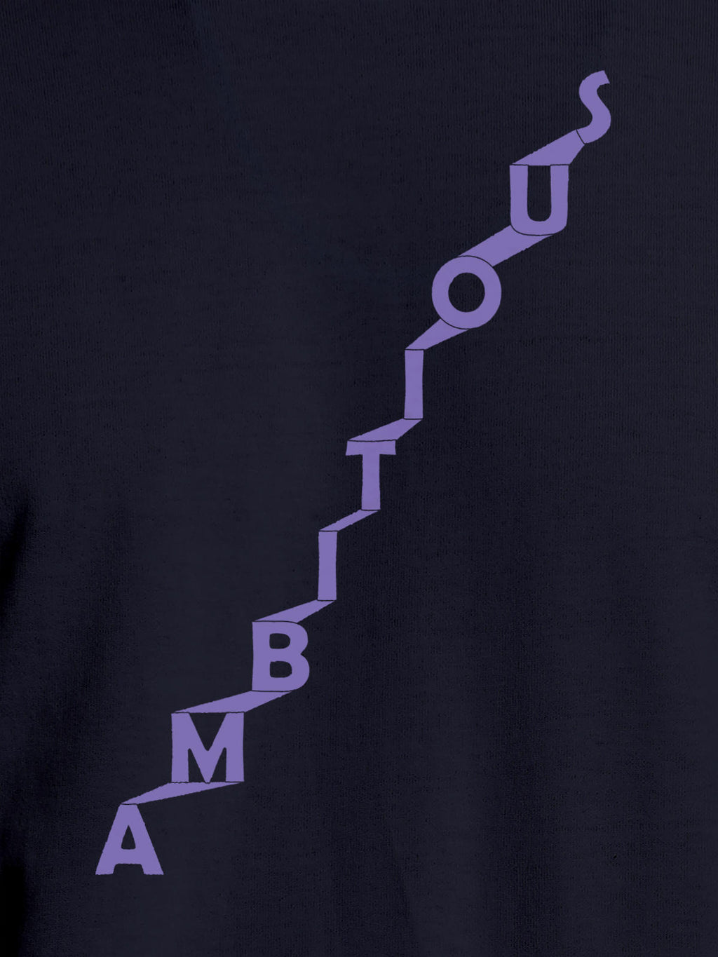 Close up of 'Ambitious' design on Women's Navy Blue Round Neck T-shirt, highlighting intricate details and vibrant print.