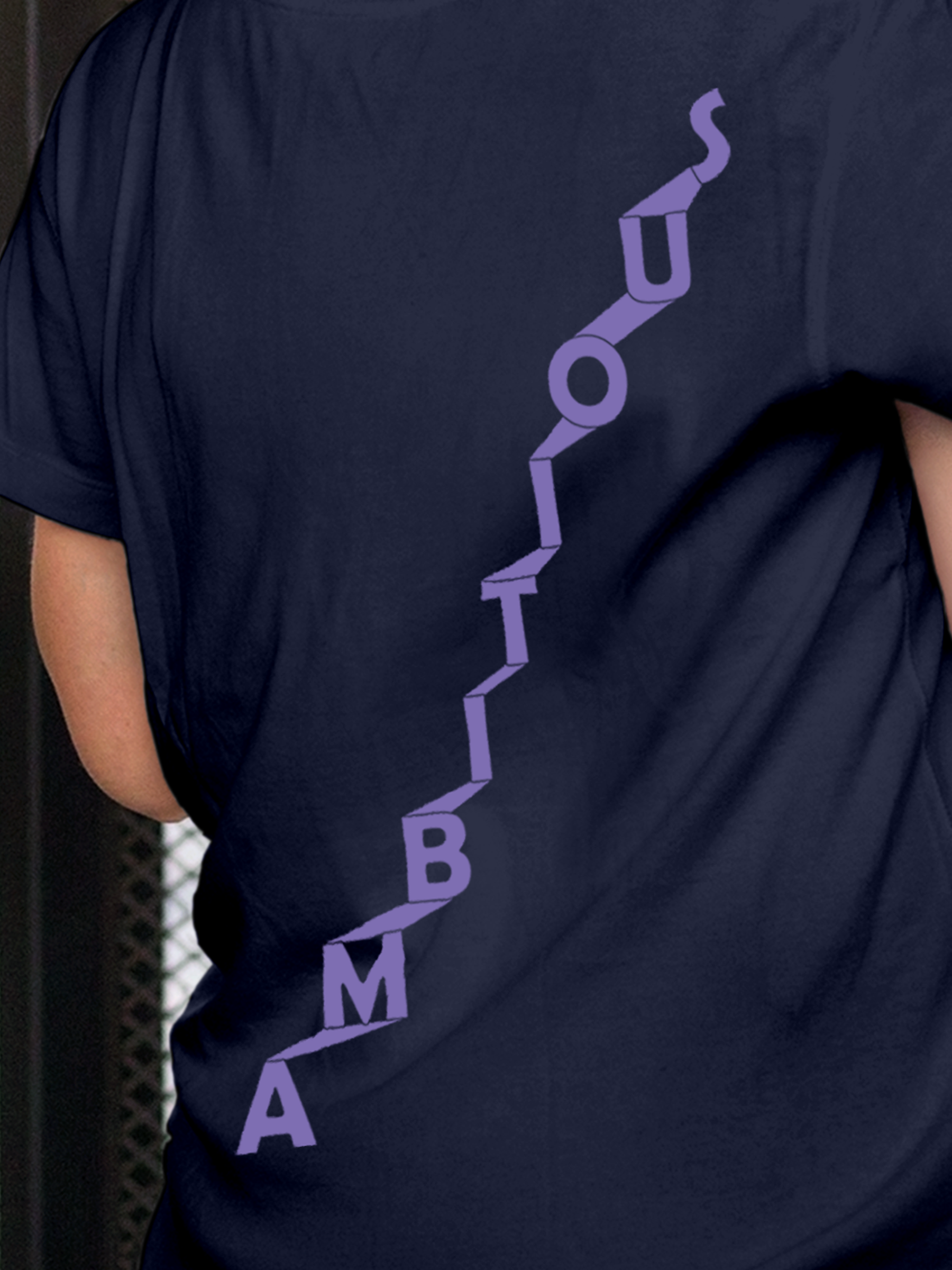Close up of 'Ambitious' design on Women's Navy Blue Round Neck T-shirt, highlighting intricate details and vibrant print.