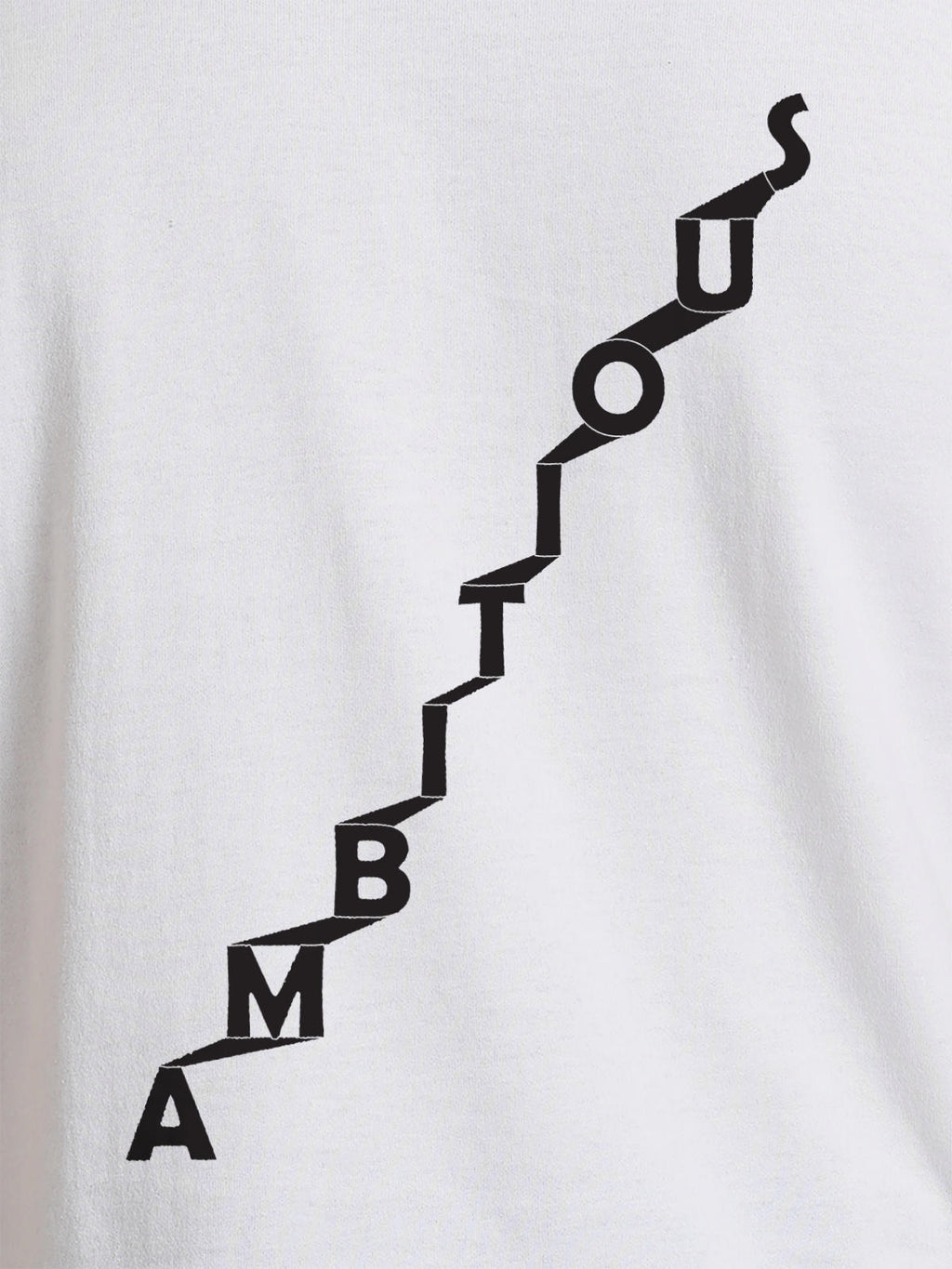 Close up of 'Ambitious' design on Men's White Round Neck T-shirt, highlighting intricate details and vibrant print.