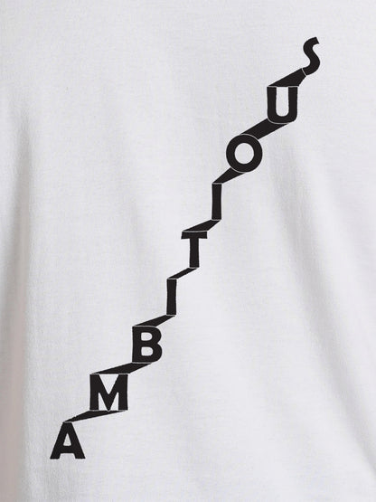Close up of 'Ambitious' design on Men's White Round Neck T-shirt, highlighting intricate details and vibrant print.