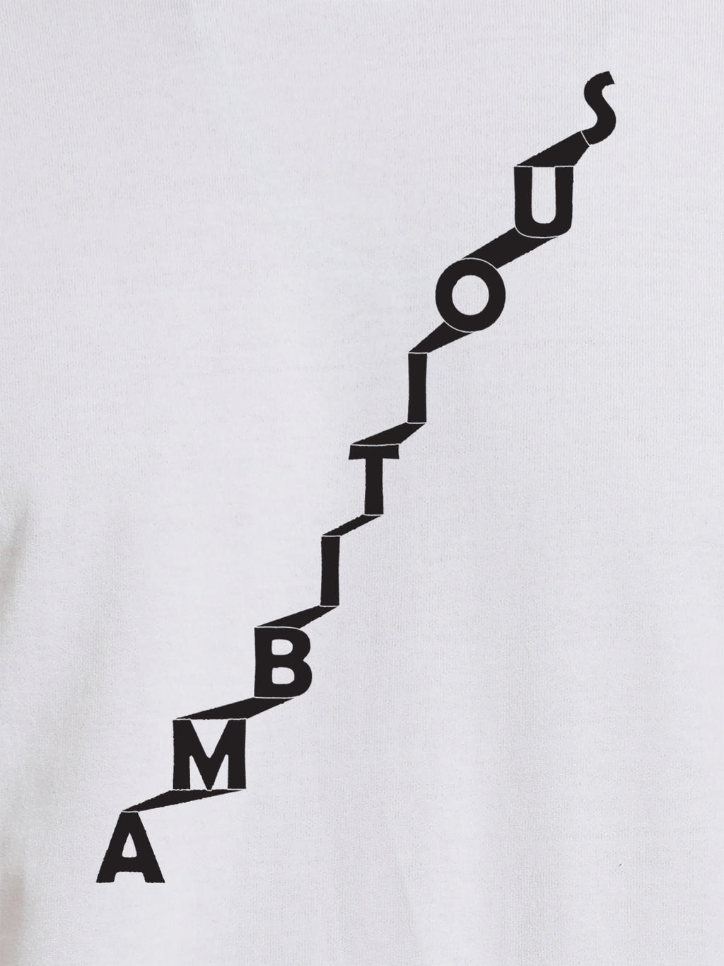 Close up of 'Ambitious' design on Women's White Round Neck T-shirt, highlighting intricate details and vibrant print.