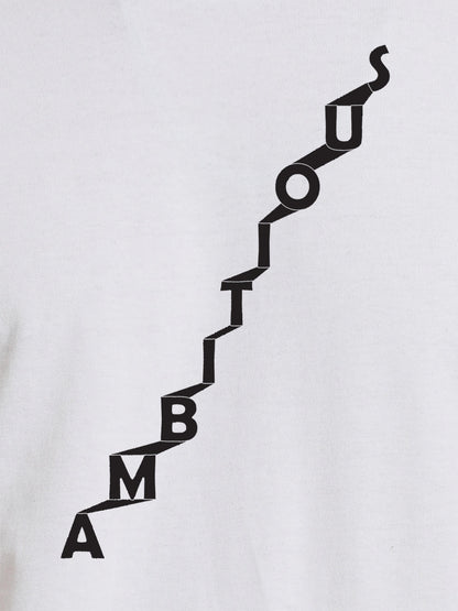 Close up of 'Ambitious' design on Women's White Round Neck T-shirt, highlighting intricate details and vibrant print.