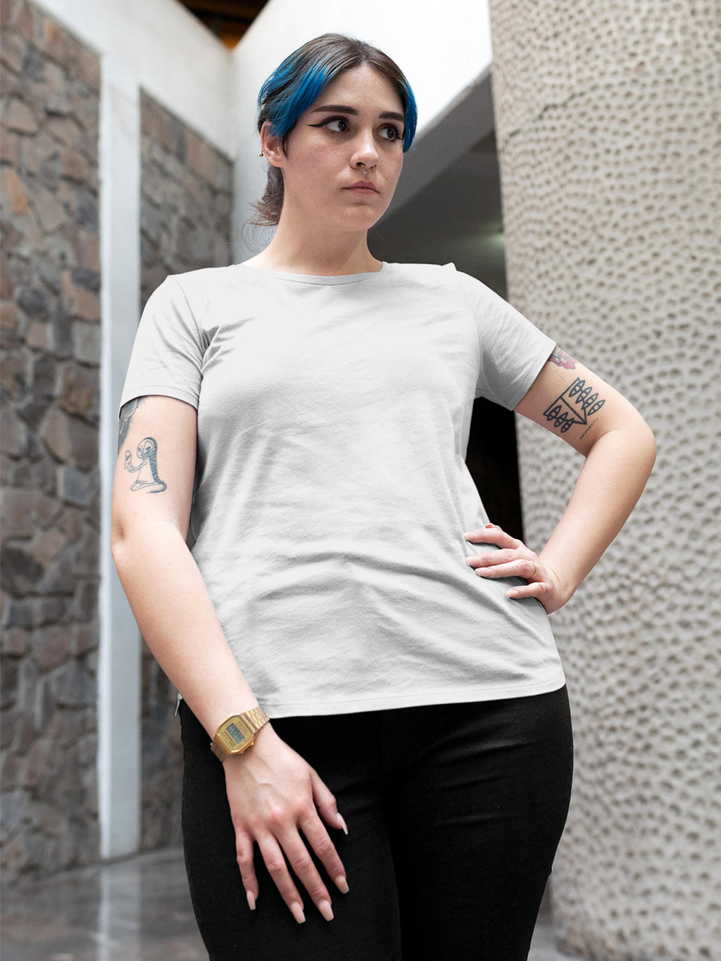 Front view of Fighterhero Women's White Round Neck T-shirt, highlighting the modern look and clean finish