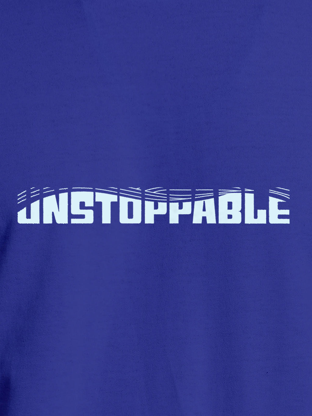 Close up of 'Unstoppable' design on Men's Blue Round Neck T-shirt, highlighting intricate details and vibrant print.