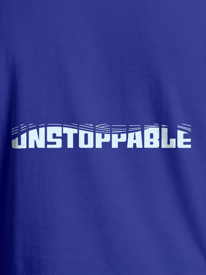 Close up of 'Unstoppable' design on Women's Blue Round Neck T-shirt, highlighting intricate details and vibrant print.