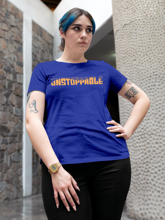 Fighterhero T-shirts: Model wearing Women's Blue Round Neck T-shirt with 'Unstoppable' design