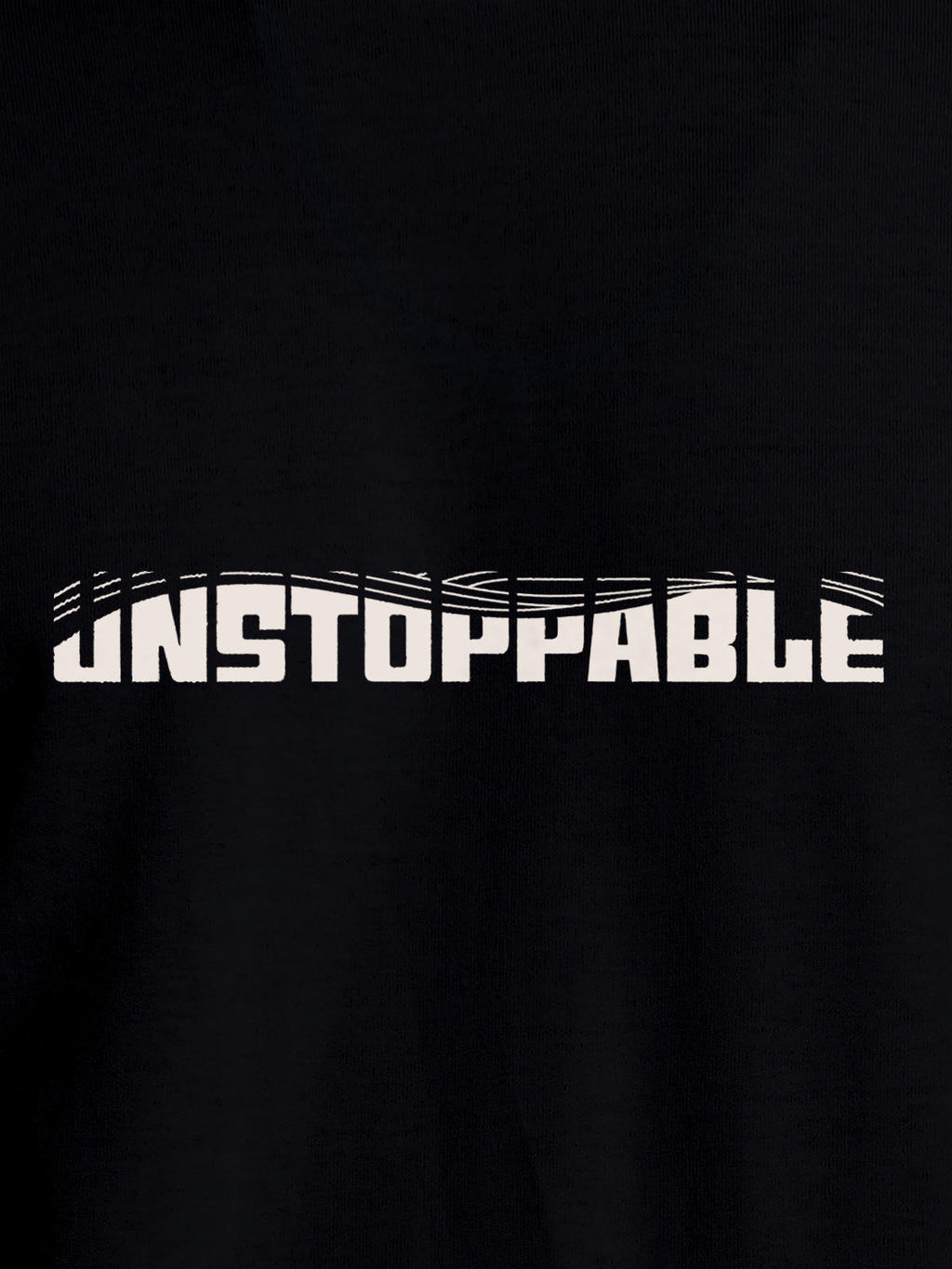 Close up of 'Unstoppable' design on Men's Black Round Neck T-shirt, highlighting intricate details and vibrant print.