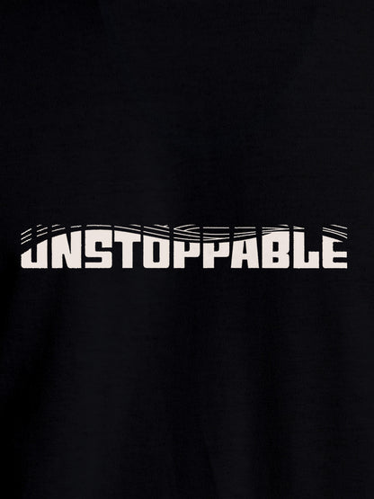 Close up of 'Unstoppable' design on Men's Black Round Neck T-shirt, highlighting intricate details and vibrant print.