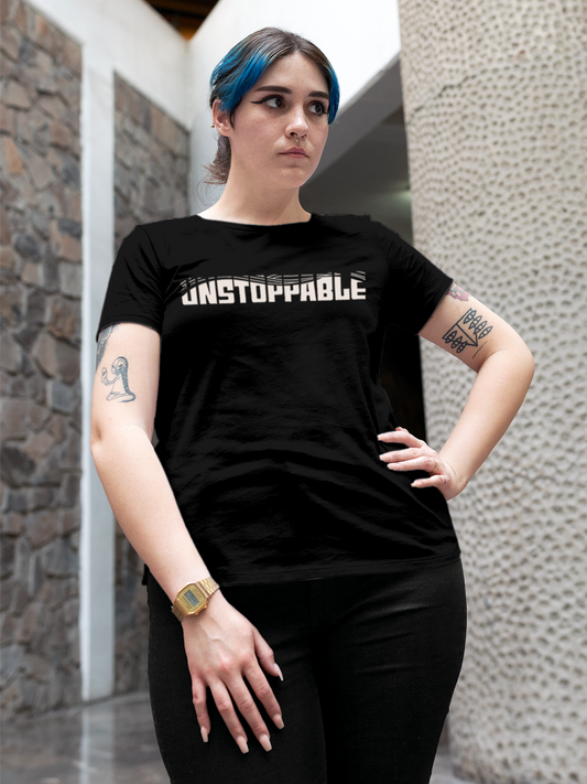 Fighterhero T-shirts: Model wearing Women's Black Round Neck T-shirt with 'Unstoppable' design