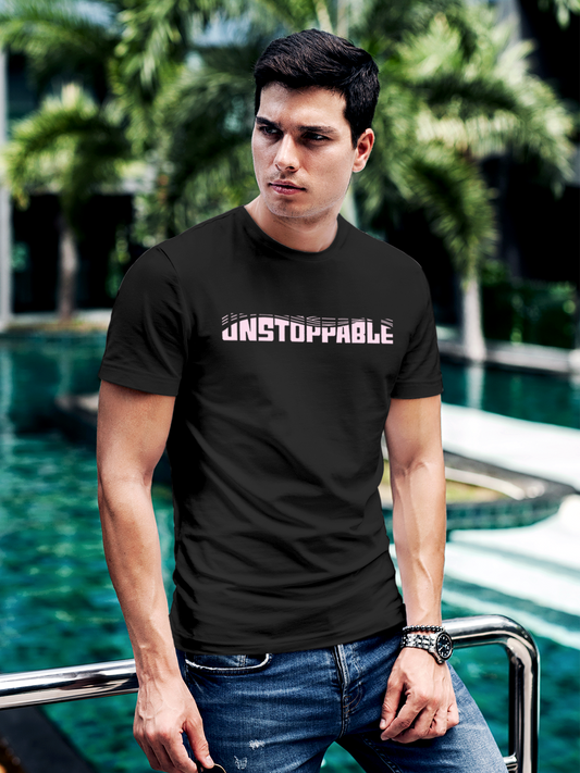 Fighterhero T-shirts: Model wearing Men's Charcoal Grey Round Neck T-shirt with 'Unstoppable' design