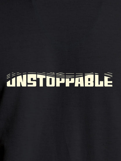 Close up of 'Unstoppable' design on Men's Dark Grey Round Neck T-shirt, highlighting intricate details and vibrant print.
