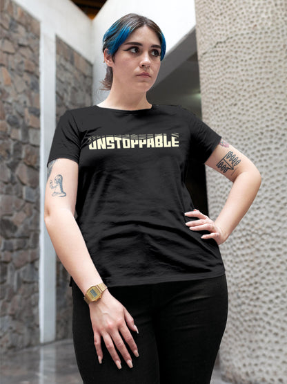 Model wearing Women's Dark Grey Round Neck T-shirt with 'Unstoppable' design, offering effortless style and premium comfort