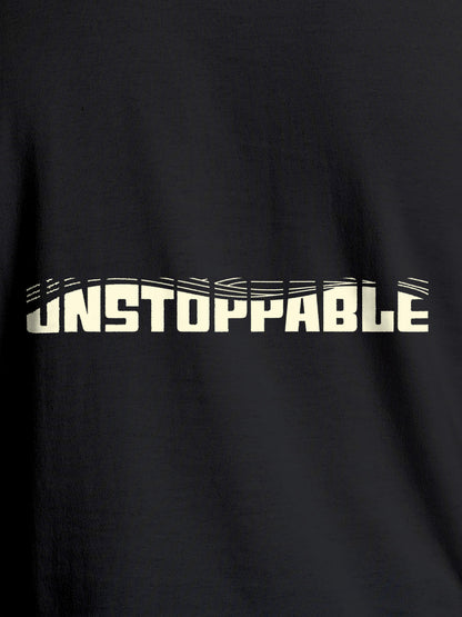 Close up of 'Unstoppable' design on Women's Dark Grey Round Neck T-shirt, highlighting intricate details and vibrant print.