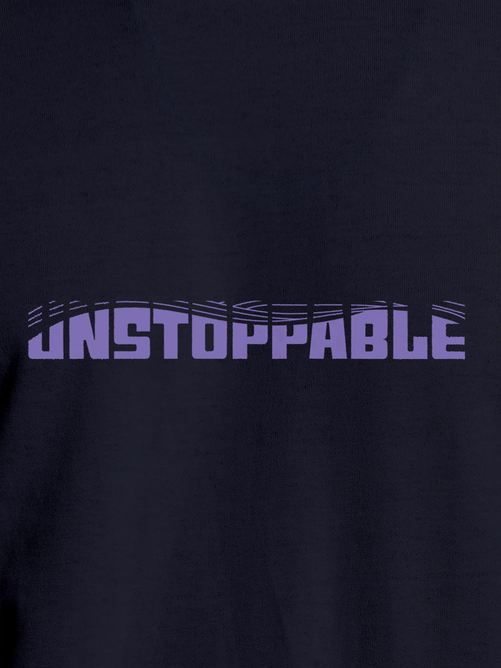 Close up of 'Unstoppable' design on Men's Navy Blue Round Neck T-shirt, highlighting intricate details and vibrant print.