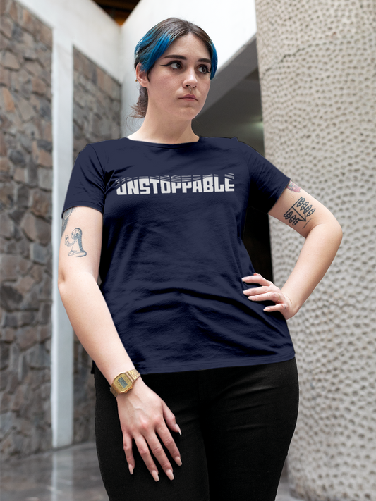 Fighterhero T-shirts: Model wearing Women's Navy Blue Round Neck T-shirt with 'Unstoppable' design