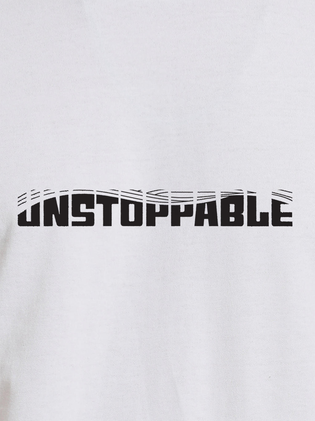 Close up of 'Unstoppable' design on Men's White Round Neck T-shirt, highlighting intricate details and vibrant print.
