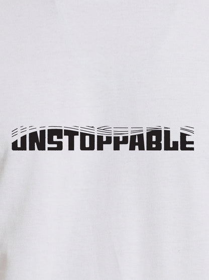 Close up of 'Unstoppable' design on Men's White Round Neck T-shirt, highlighting intricate details and vibrant print.