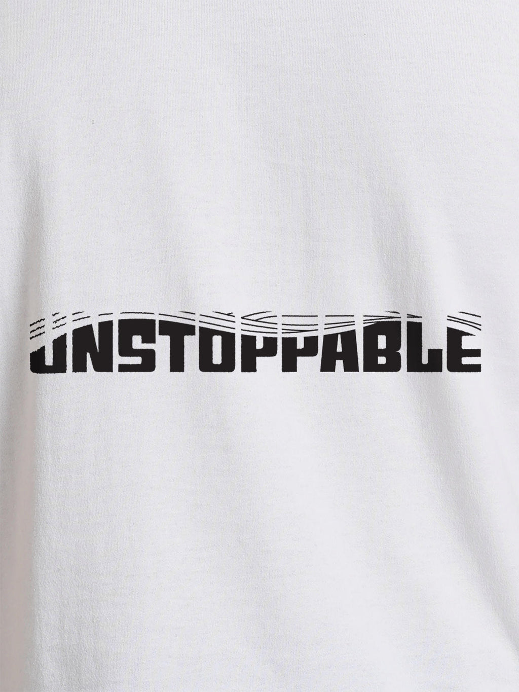 Close up of 'Unstoppable' design on Women's White Round Neck T-shirt, highlighting intricate details and vibrant print.