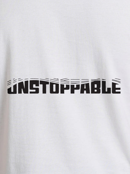 Close up of 'Unstoppable' design on Women's White Round Neck T-shirt, highlighting intricate details and vibrant print.