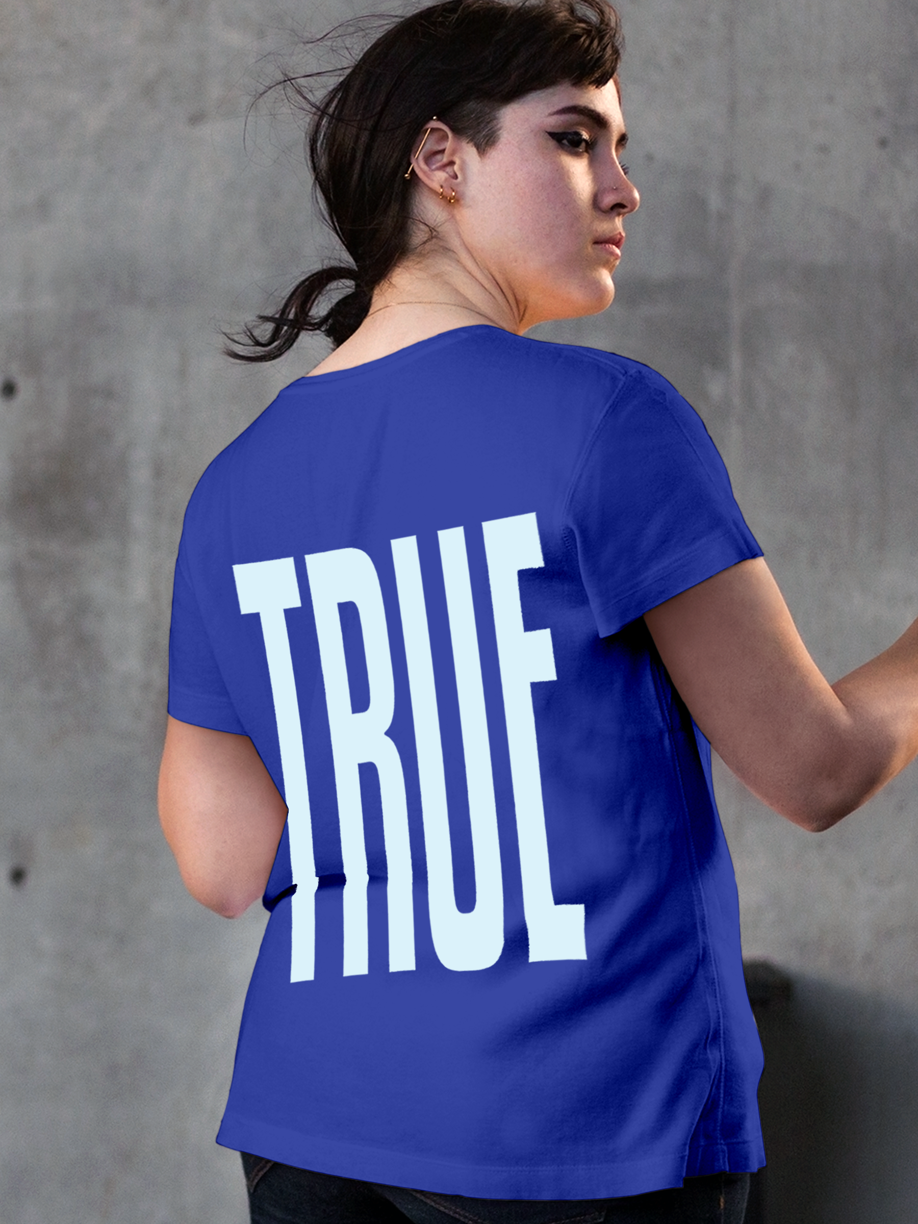 Model wearing Women's Blue Round Neck T-shirt with 'Truth' design, offering effortless style and premium comfort