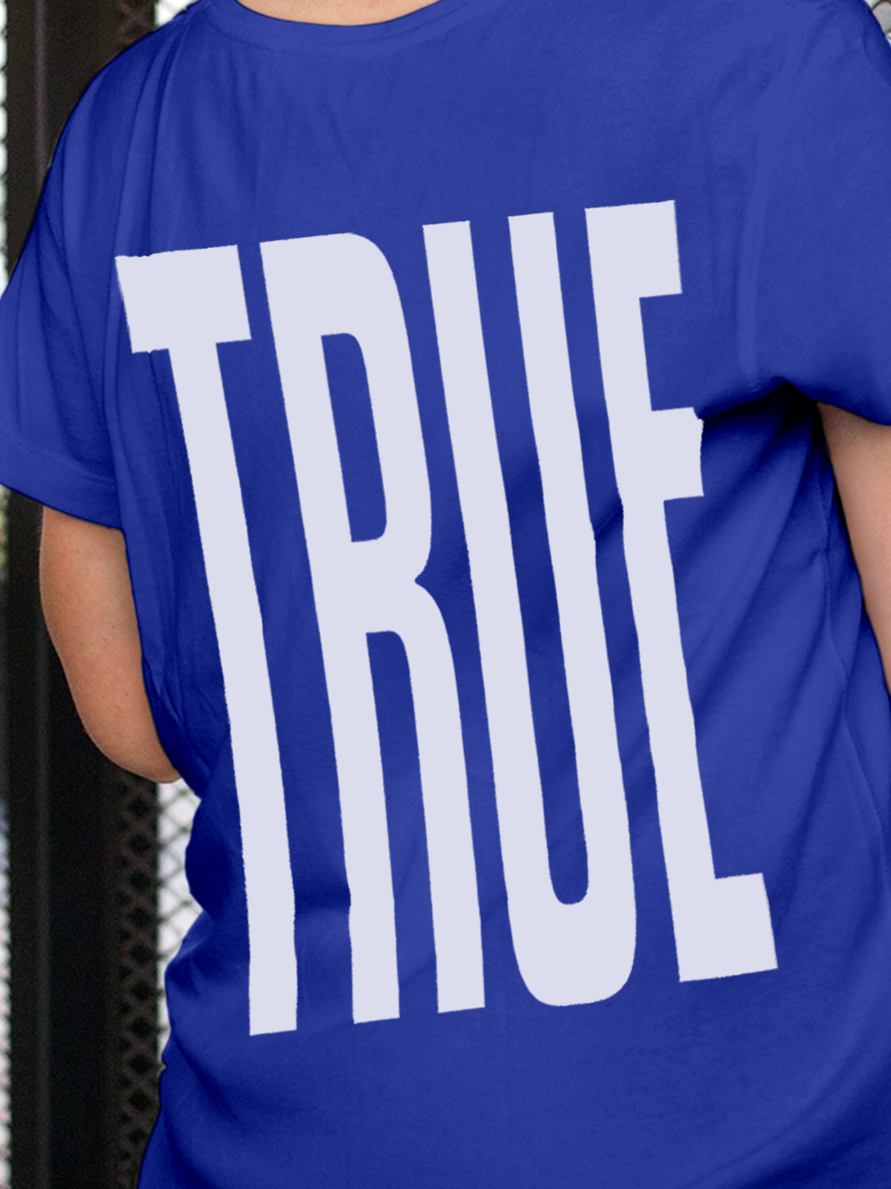 Close up of 'Truth' design on Women's Blue Round Neck T-shirt, highlighting intricate details and vibrant print.