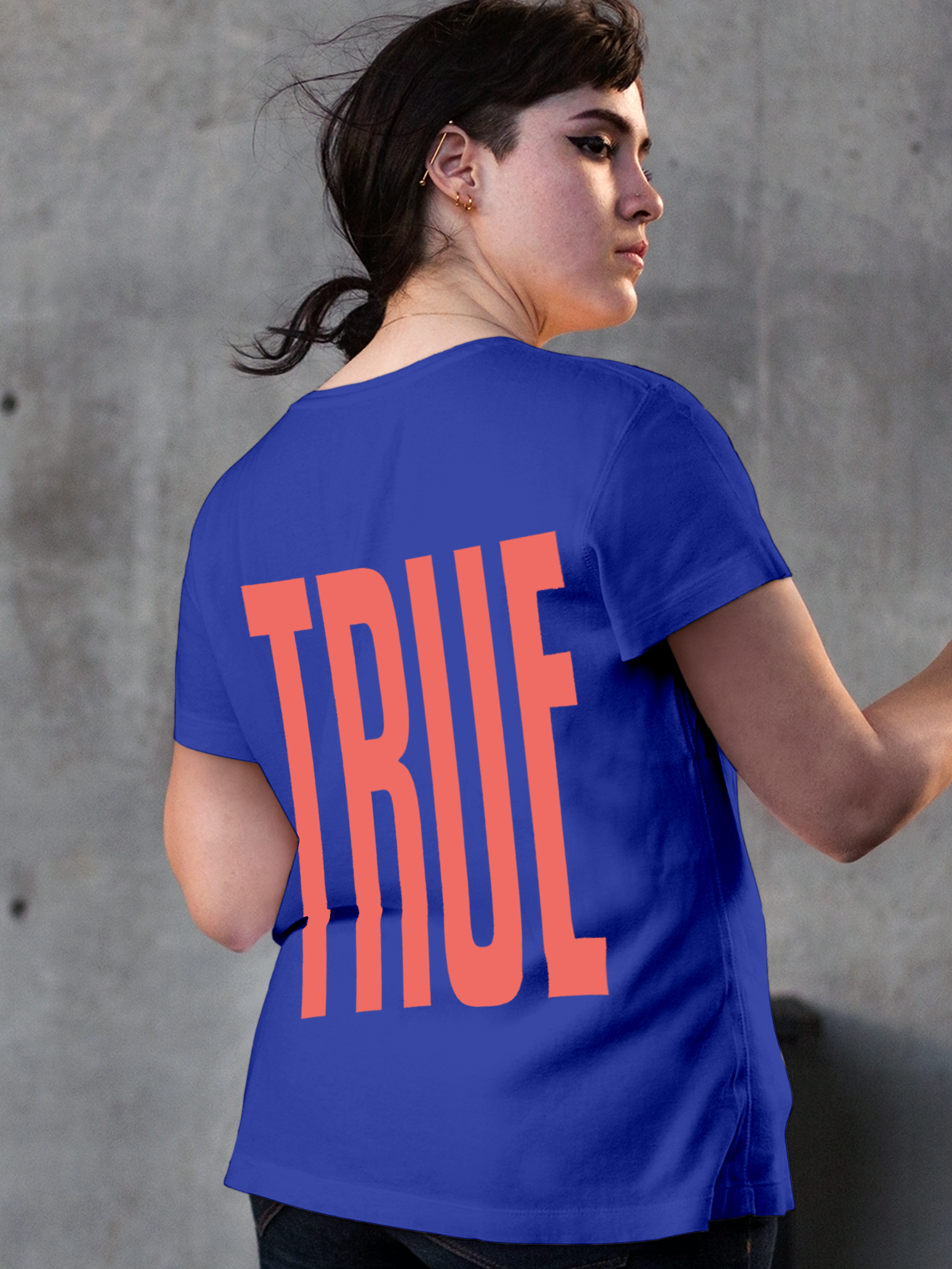 Model wearing Women's Blue Round Neck T-shirt with 'Truth' design, offering effortless style and premium comfort