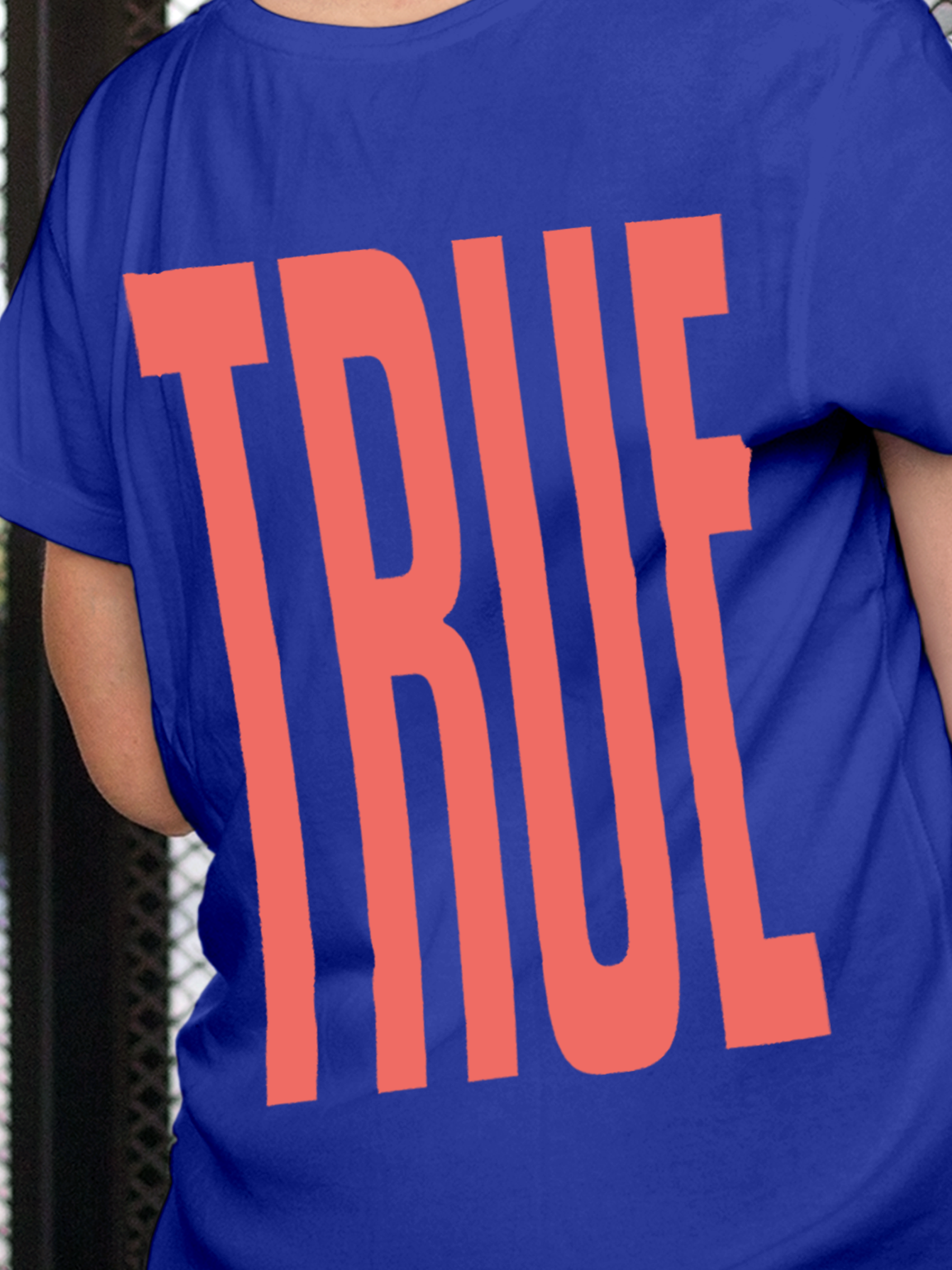 Close up of 'Truth' design on Women's Blue Round Neck T-shirt, highlighting intricate details and vibrant print.