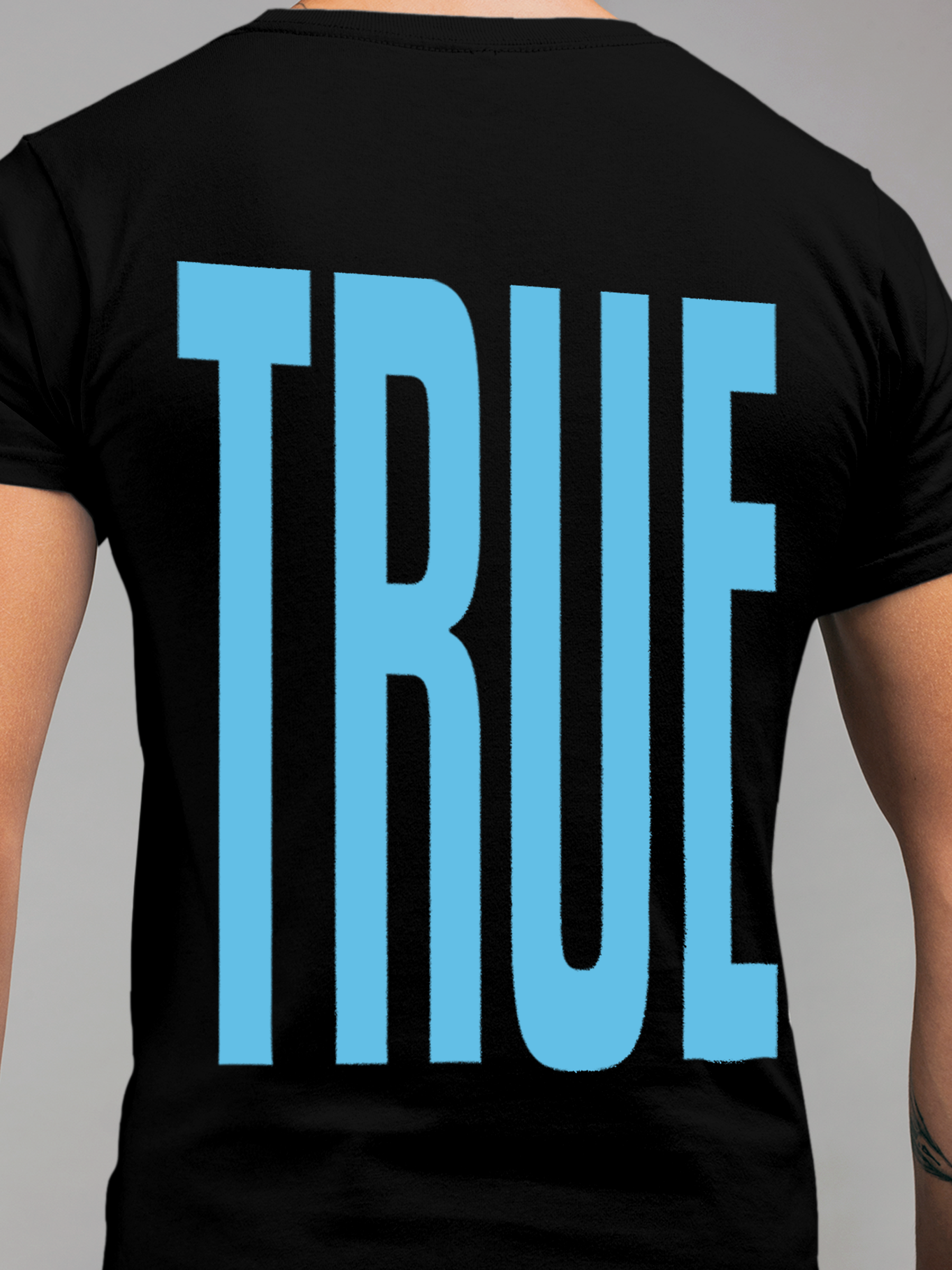 Close up of 'Truth' design on Men's Black Round Neck T-shirt, highlighting intricate details and vibrant print.