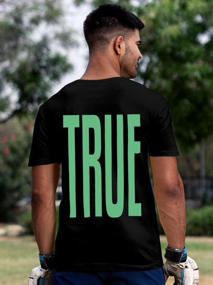 Model wearing Men's Black Round Neck T-shirt with 'Truth' design, offering effortless style and premium comfort