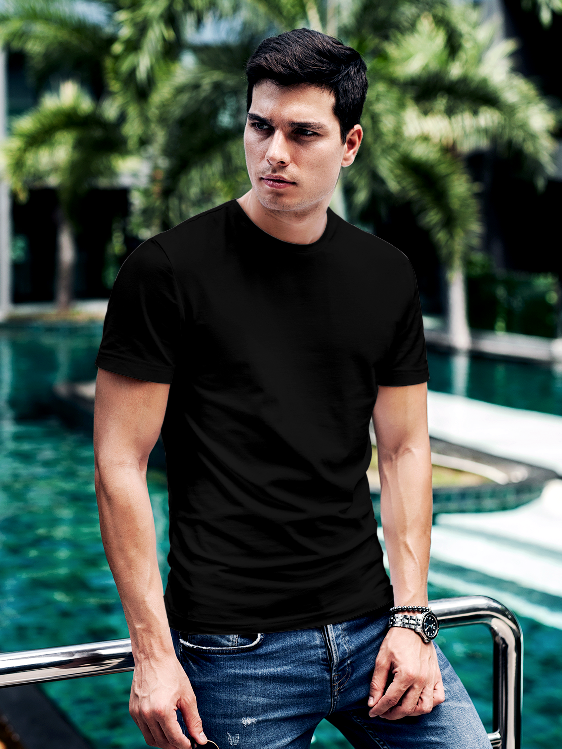 Front view of Fighterhero Men's Black Round Neck T-shirt, highlighting the modern look and clean finish