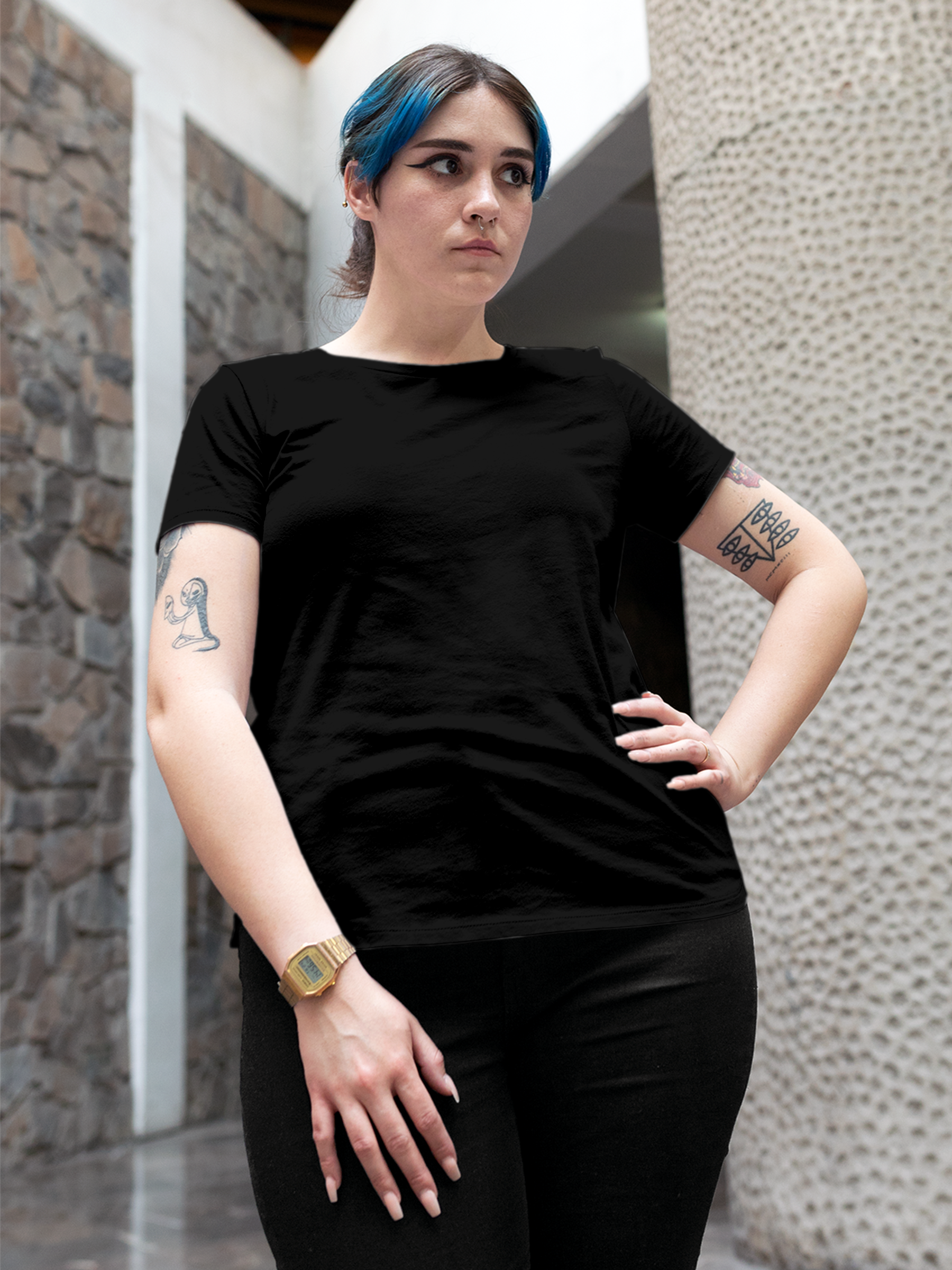 Front view of Fighterhero Women's Black Round Neck T-shirt, highlighting the modern look and clean finish