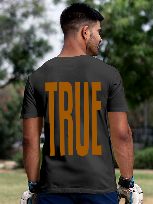 Fighterhero T-shirts: Model wearing Men's Dark Grey Round Neck T-shirt with 'Truth' design