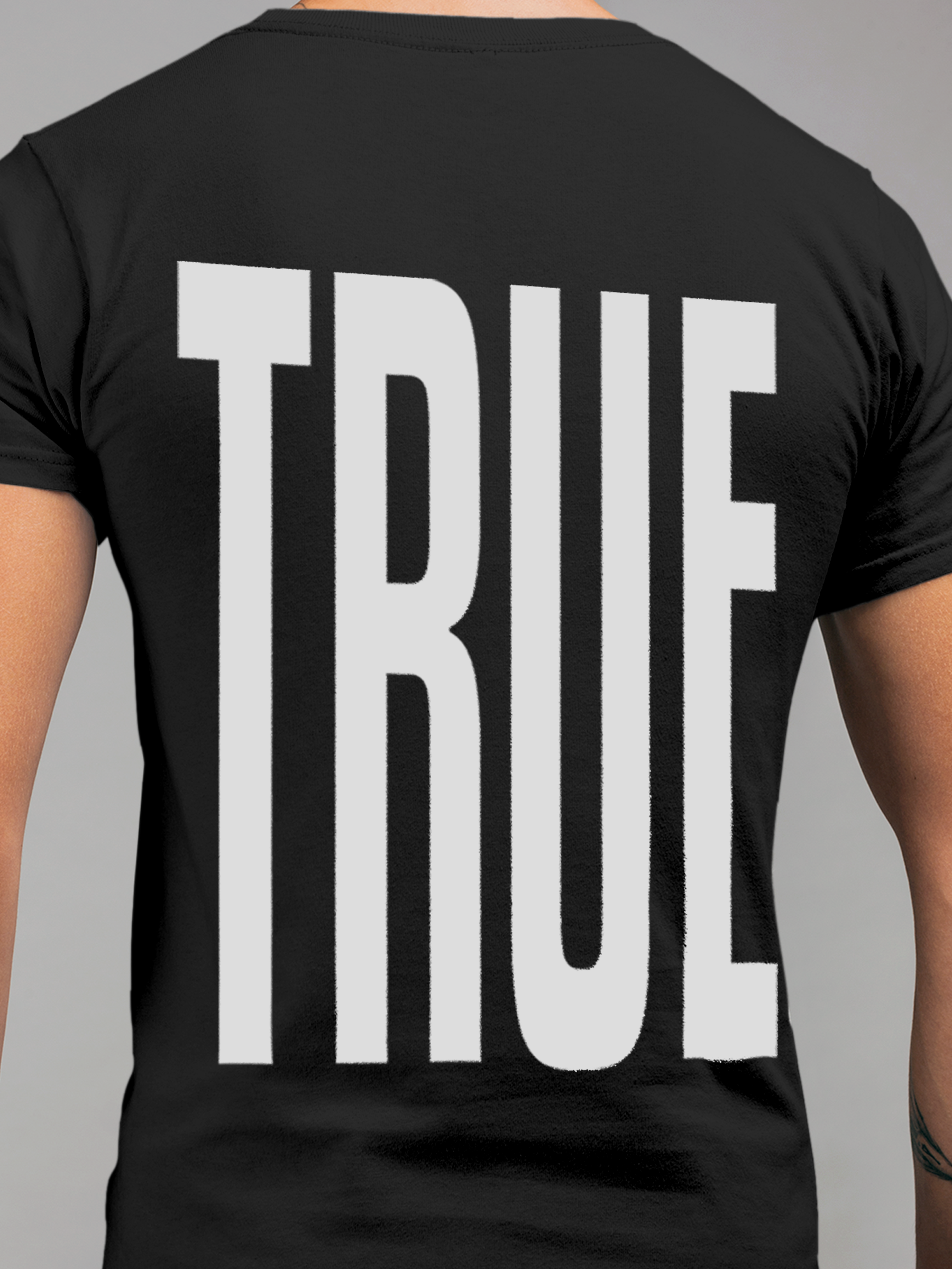 Close up of 'Truth' design on Men's Dark Grey Round Neck T-shirt, highlighting intricate details and vibrant print.