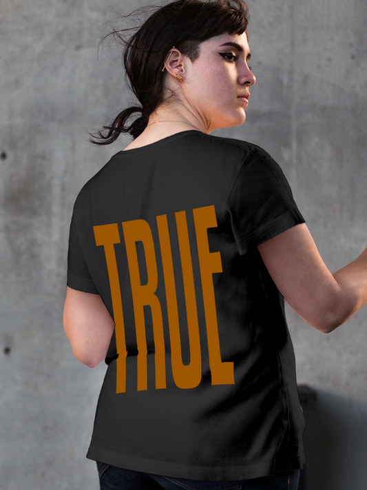 Fighterhero T-shirts: Model wearing Women's Dark Grey Round Neck T-shirt with 'Truth' design