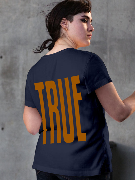 Model wearing Women's Navy Blue Round Neck T-shirt with 'Truth' design, offering effortless style and premium comfort