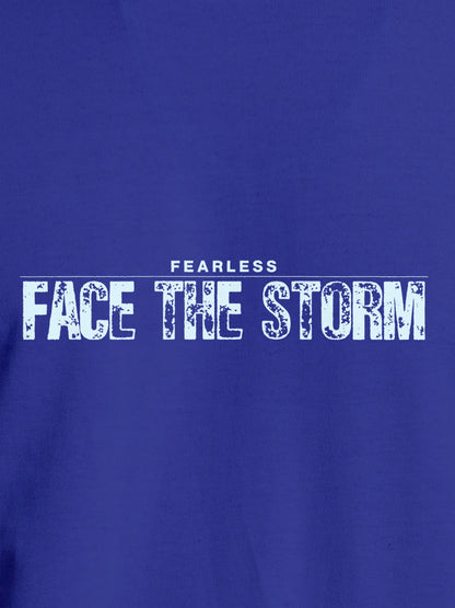 Close up of 'Fearless. Face the Storm' design on Men's Blue Round Neck T-shirt, highlighting intricate details and vibrant print.