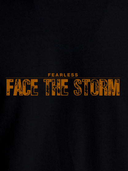 Close up of 'Fearless. Face the Storm' design on Men's Black Round Neck T-shirt, highlighting intricate details and vibrant print.