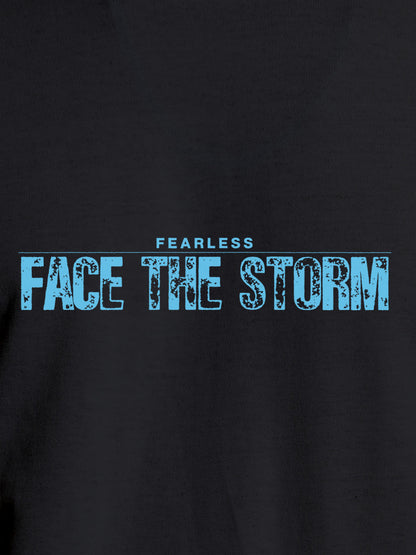 Close up of 'Fearless. Face the Storm' design on Men's Dark Grey Round Neck T-shirt, highlighting intricate details and vibrant print.