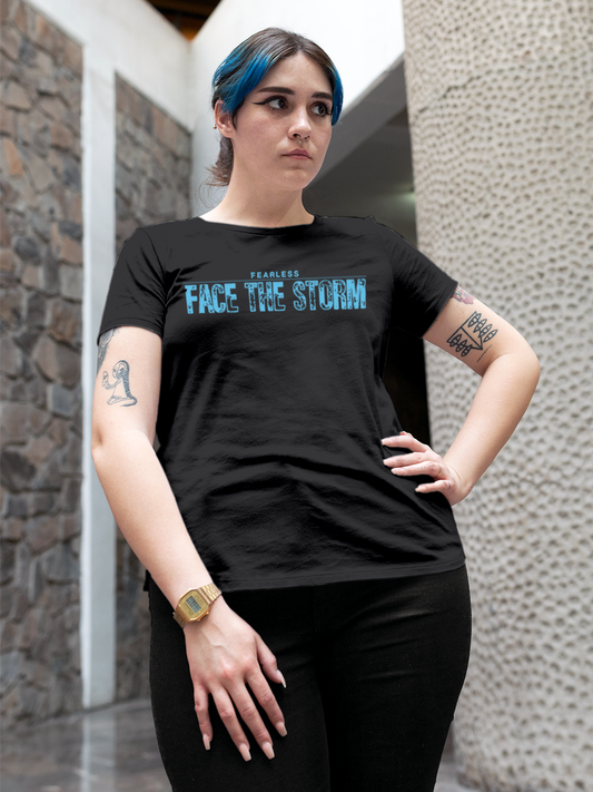 Fighterhero T-shirts: Model wearing Women's Dark Grey Round Neck T-shirt with 'Fearless. Face the Storm' design