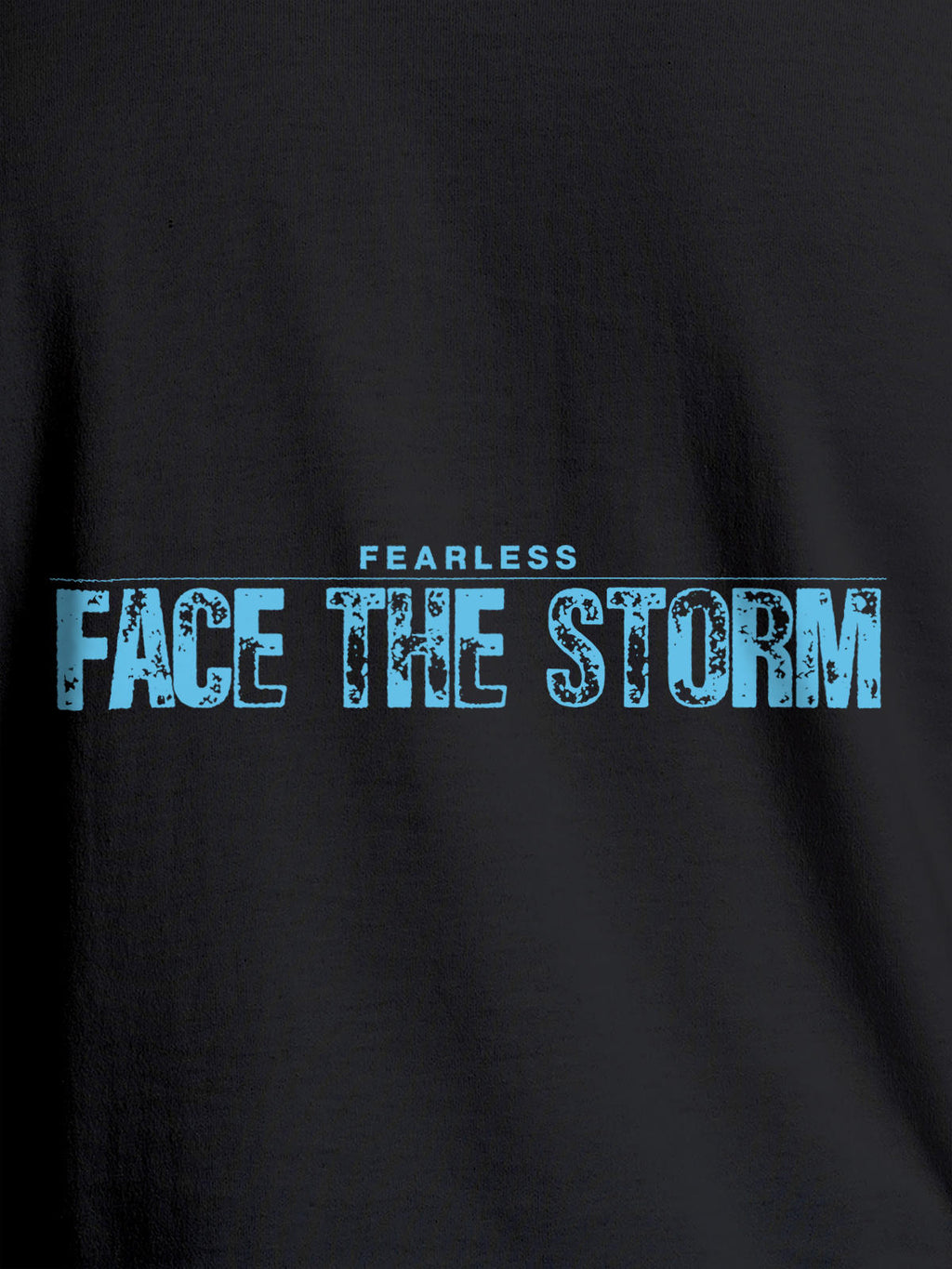 Close up of 'Fearless. Face the Storm' design on Women's Dark Grey Round Neck T-shirt, highlighting intricate details and vibrant print.