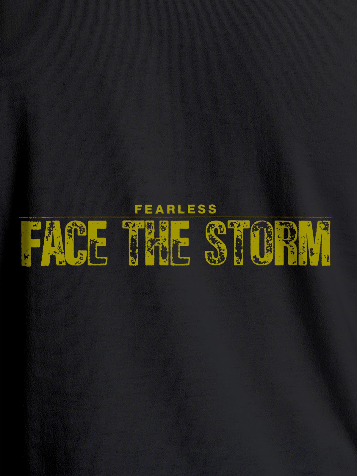 Close up of 'Fearless. Face the Storm' design on Women's Dark Grey Round Neck T-shirt, highlighting intricate details and vibrant print.