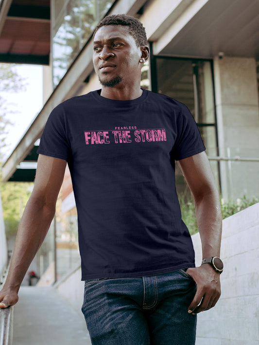 Model wearing Men's Navy Blue Round Neck T-shirt with 'Fearless. Face the Storm' design, offering effortless style and premium comfort