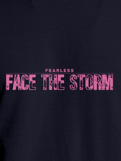 Close up of 'Fearless. Face the Storm' design on Men's Navy Blue Round Neck T-shirt, highlighting intricate details and vibrant print.